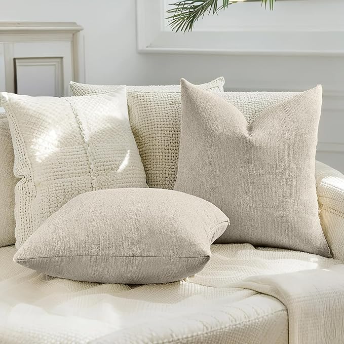 HAUSSY Beige Throw Pillow Covers 18x18 Inch Set of 2,Boho Decorative Faux Linen Throw Pillows Cozy Farmhouse Accent Cushion Covers,Home Decor for Couch Sofa Bed Living Room