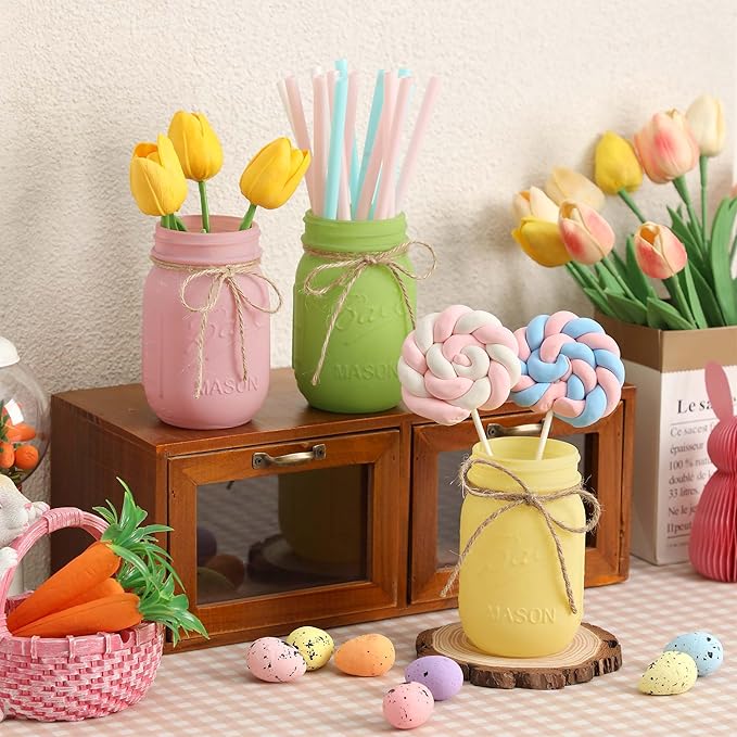 Spring Decorations, Spring Mason Jar Centerpiece for Table with Wood Tray & Artificial Tulips, Tulip Decorative Jars for Farmhouse Home decor, Easter Table Decor, Easter Decorations for Home Office