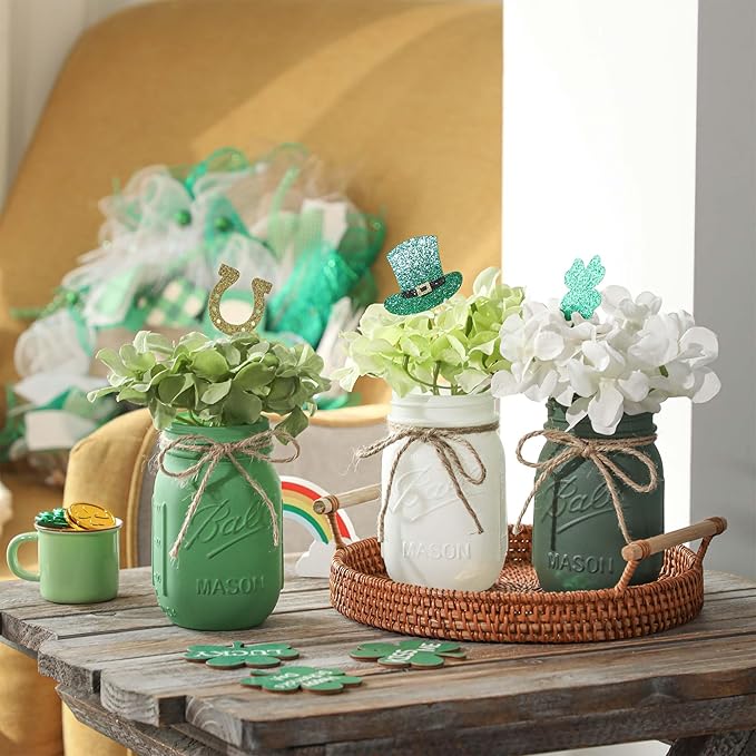 SUPREME LIGHTS 2017 Green Glass Cylindrical Decorative Jars, Set of 3, Perfect for St. Patrick's Day, Spring, Farmhouse Table Decor