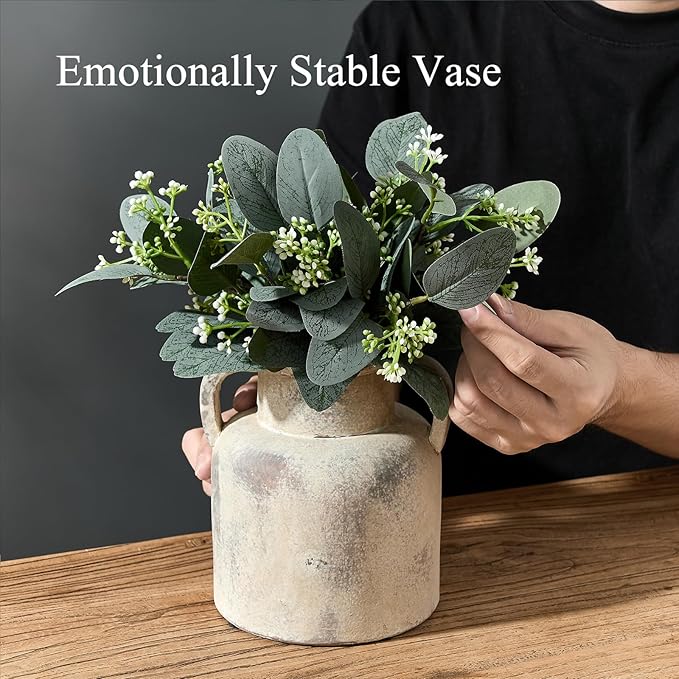 Emotionally Grounded Vase, Vaseking Ceramic Rustic Vase with 2 Handles, 6.1 inch Minimalist Decorative Farmhouse Vases for Home Decor, Living Room, Enterway, Table Decoration, Neutral