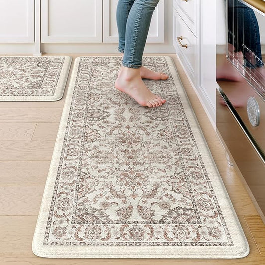 KIMODE Kitchen Mats for Floor Cushioned Anti Fatigue 2 Piece,Boho Farmhouse Kitchen Rugs Non Slip 20" x 47"+20" x 32",Wide Memory Foam Kitchen Mat Carpet for Laundry Office Home,Khaki