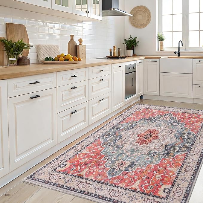 Vanmoos 2x3 Washable Area Rug – Soft, Non-Slip Entrance Rug, Durable Indoor Door mat, Floor Carpet for High-Traffic Areas, Entryway, Kitchen, and Bedside, Artistic Flair/Brick Red