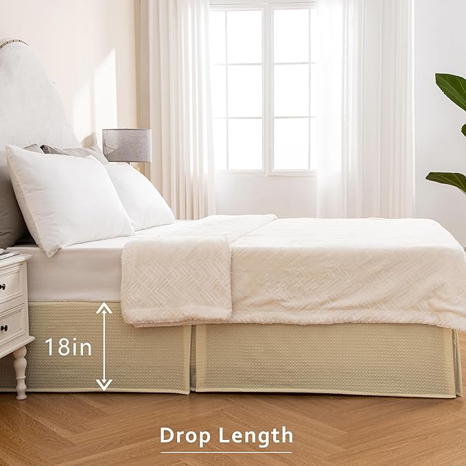 MIYE Pleated Waffle Weave Bed Skirt, Tailored Dust Ruffle 18 Inch Drop Easy Fit, Machine Washable,No Split Corners (Light Beige, Twin - 18" Drop)
