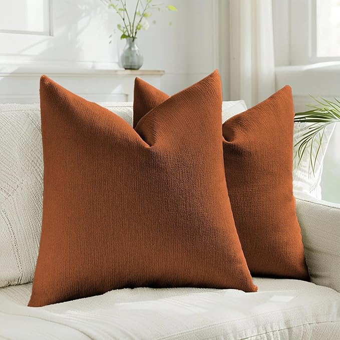 HAUSSY Rust Throw Pillow Covers 22x22 Inch Set of 2,Boho Decorative Faux Linen Throw Pillows Cozy Farmhouse Accent Cushion Covers,Home Decor for Couch Sofa Bed Living Room