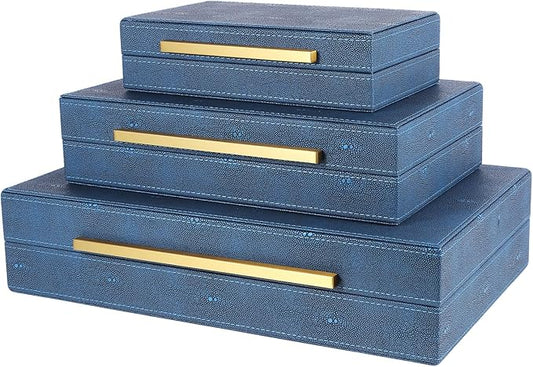 Decorative Storage Boxes with Lids, Decorative Boxes for Home Decor, Faux Shagreen Decorative Box for Stacking Jewelry, Photo, Memory, Storage Boxes, Set of 3 (Blue)