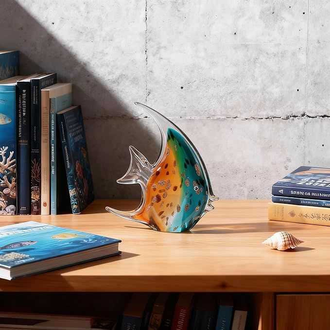 DOVDOV Hand-Blown Glass Fish Decorative Sculpture, Green Ocean Glass Art Piece, Coastal-Themed Decor Suitable for bedrooms, Offices, Coffee Tables, and TV Stands, Marine Animal Sculpture Art.