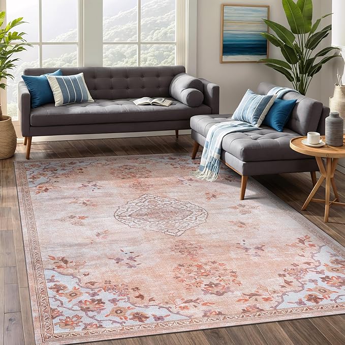 Beverly Rug Non Slip Rugs 6x9 Boho Medallion Floral Non Skid Rubber Backing Easy Silk Soft Area Rug for Living Room Easy to Clean Non Shedding Kitchen Bedroom Indoor Carpet (6 x 9 Pink - Aqua)