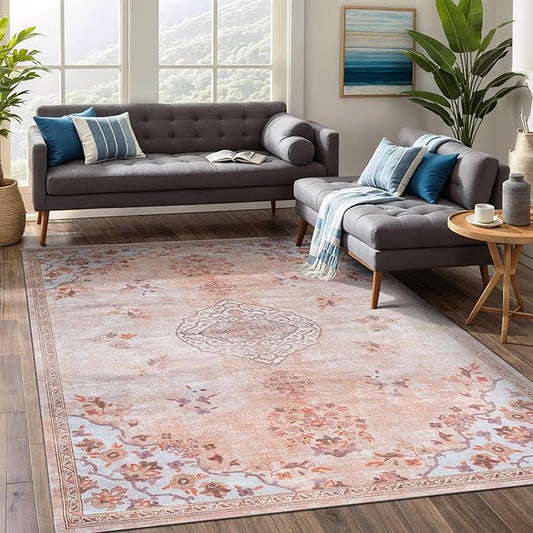 Beverly Rug Non Slip Rugs 6x9 Boho Medallion Floral Non Skid Rubber Backing Easy Silk Soft Area Rug for Living Room Easy to Clean Non Shedding Kitchen Bedroom Indoor Carpet (6 x 9 Pink - Aqua)