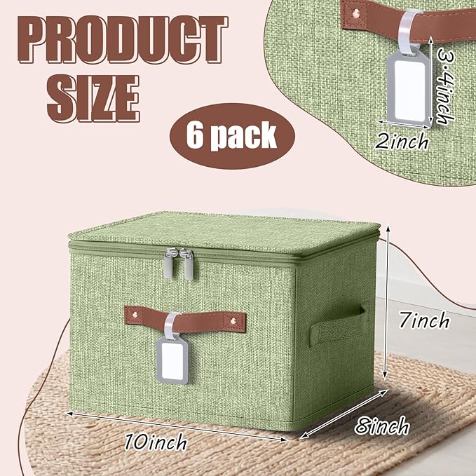 6 Pack Fabric Storage Bins with Lids and Label, 10×8×7Inch Foldable Cotton Linen Cute Storage Boxes with PU Leather Handles for Closet, Bedroom, Shelf, Nursery, Green