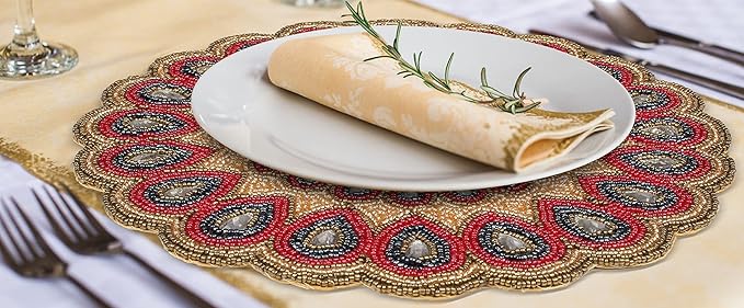 Scalop Floral Beaded Charger & Placemats - 13" Round, Gold, Red, Grey - Holiday & Christmas