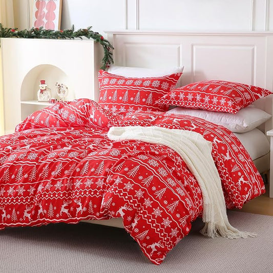 JSD Vintage Christmas Duvet Cover Set Twin Size, 2 Piece Red Snowflakes Reindeer Snowflakes Printed Microfiber Duvet Comforter Cover with Pillow Sham