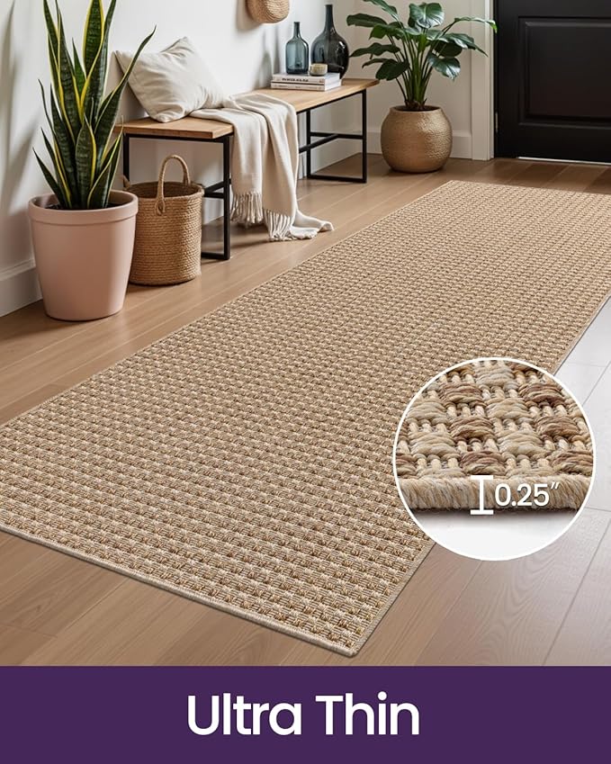 DEXI Hallway Runner Rug 3.3x6.7, Woven Braided Farmhouse Runner Carpet Indoor, Absorbent Thin Long Entryway Runners for Kitchen, Laundry Room, Patio Entrance, Checkered Beige