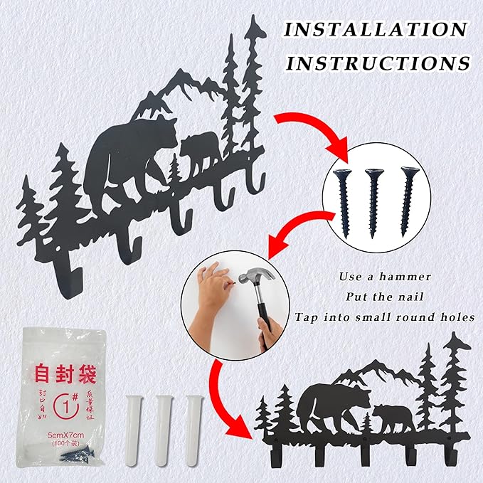 Metal Bear Coat Hooks Wall Art Decor-Bear Hangers and Key Holder-Animal Theme Hooks Sweet Home Decor for Storage, Living Room, Hallway, Office (Black)