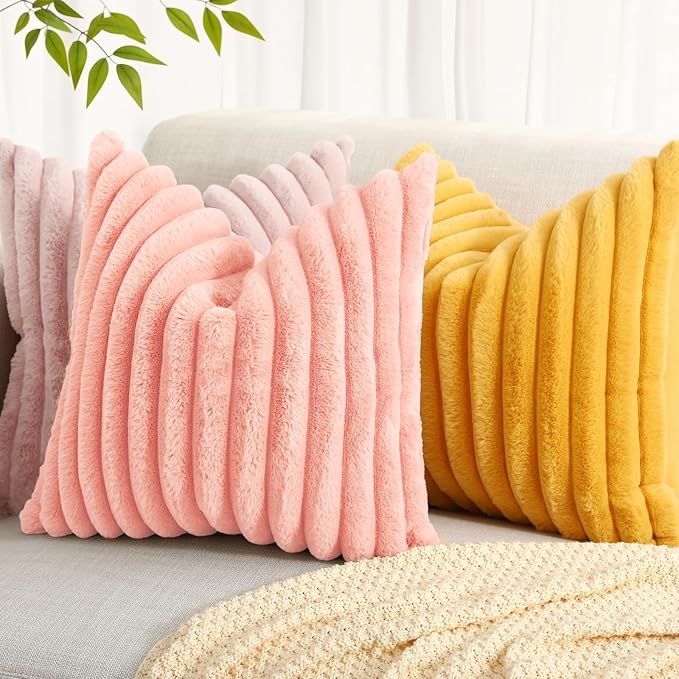 decorUhome Faux Fur Spring Throw Pillow Covers 12x20 Set of 2 Decorative Soft Plush Striped Lumbar Neutral Couch Pillow Covers with Velvet Back for Sofa Bed Living Room Home Valentines, Blush Pink