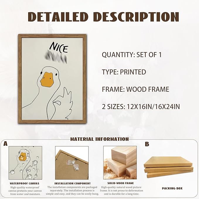 Framed Funny Duck Bathroom Wall Art, Humorous Canvas Wall Decor Painting, Minimalist Farmhouse Cute Goose Animal Print Posters Pictures for Bathroom Restroom 16x24 Inch
