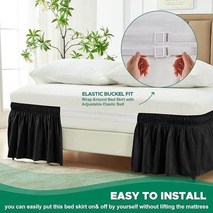 Biscaynebay Wrap Around Bed Skirts for Queen Beds 19" Long Drop, Black Adjustable Elastic Dust Ruffles Easy Fit Wrinkle & Fade Resistant Silky Luxurious Fabric Solid Machine Washable