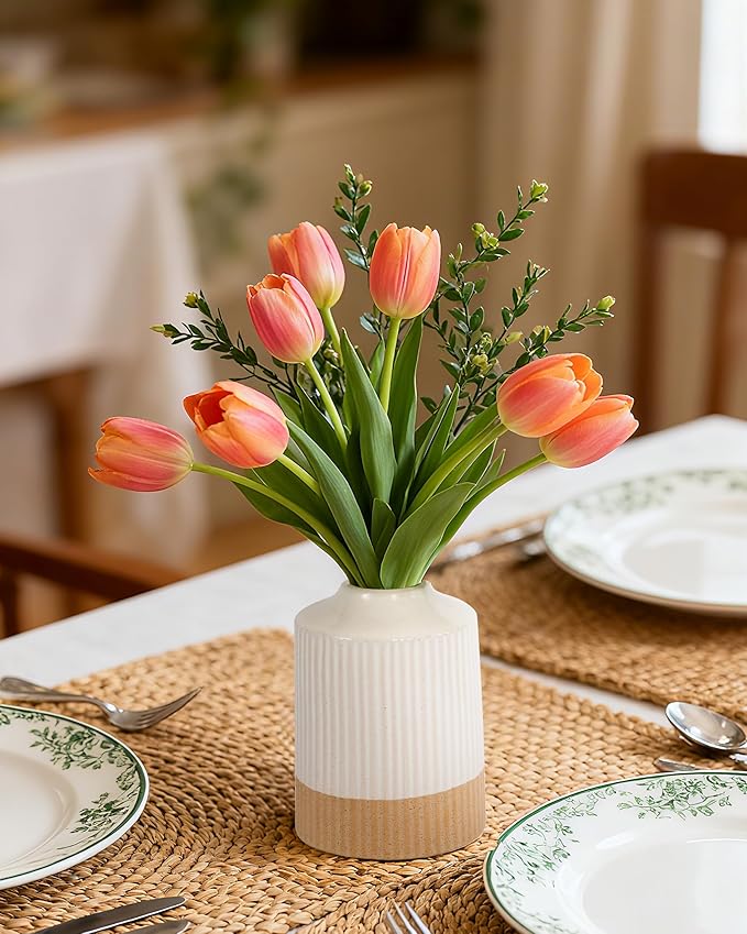 White Ceramic Vases，Flower Vases for Farmhouse Decorative Vases for Dining Table, Living Room, Bedroom, Kitchen, or Office Decor, Set of 2