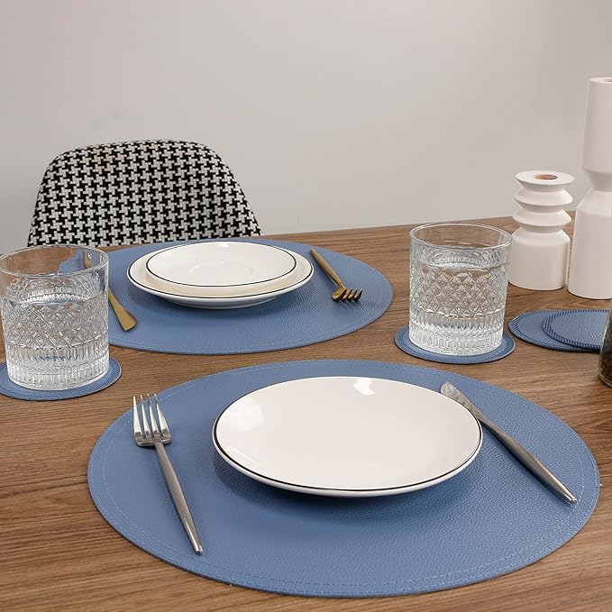 Jovono Faux Leather Round Placemats and Coasters, Coffee Mats Kitchen Table Mats, Set of 4 Waterproof Place Mat, Easy to Clean for Kitchen Dining Round Table