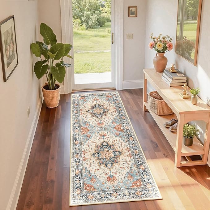 RELEANY Area Rugs 2'x6' Washable Non-Slip, Floral Vintage Distress Print Pattern Medallion Carpet for Living Room Bedroom Dining Room, Beige Navy Blue Orange Colorful