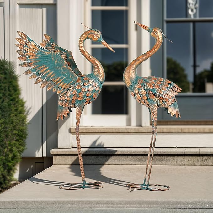 Extra-Large 36.8" Metal Crane Garden Statue, Handcrafted Blue Heron Decor Sculptures with Stable U-Ground Stakes, Backyard Decoration, Metal Garden Bird Animal Yard Art, Lawn Ornament Decor