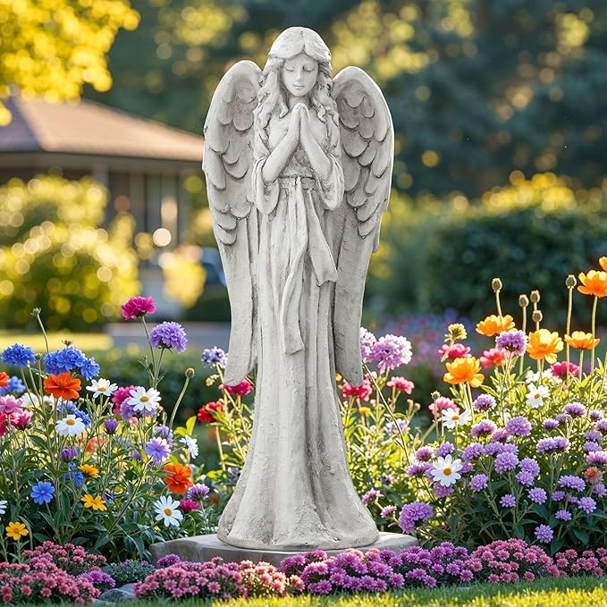 Praying Angel Statue for Outdoor Garden, 26.4 Inch Large Heavenly Memorial Sculpture,Durable MGO Stone Standing Angels for Yard, Patio or Cemetery Decor,Offering Comfort & Peace, Antique White