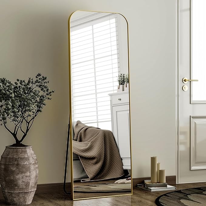 HARRITPURE 57"x20" Full Length Mirror, Gold Rounded Corner Aluminum Frame Standing Mirror, Hanging/Leaning Wall Floor Mirror with Stand for Living Room Bedroom Cloakroom