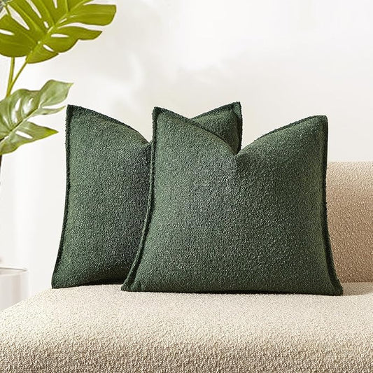 JUSPURBET Green Decorative Pillow Covers 18x18 Set of 2 Throw Pillow Covers for Couch Sofa Bed Cozy Boucle Textured Cushion Covers Cases with Hidden Zipper for Living Room Home Decor