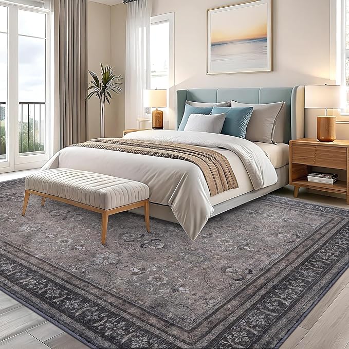 Vanmoos 6x9 Area Rugs for Living Room, Bedroom - Machine Washable, Non-Slip Bedside Rug, Large Soft Floor Carpet for Office, Dining Room, Farmhouse and Home Decor, Urban Luxe/Olive Brown