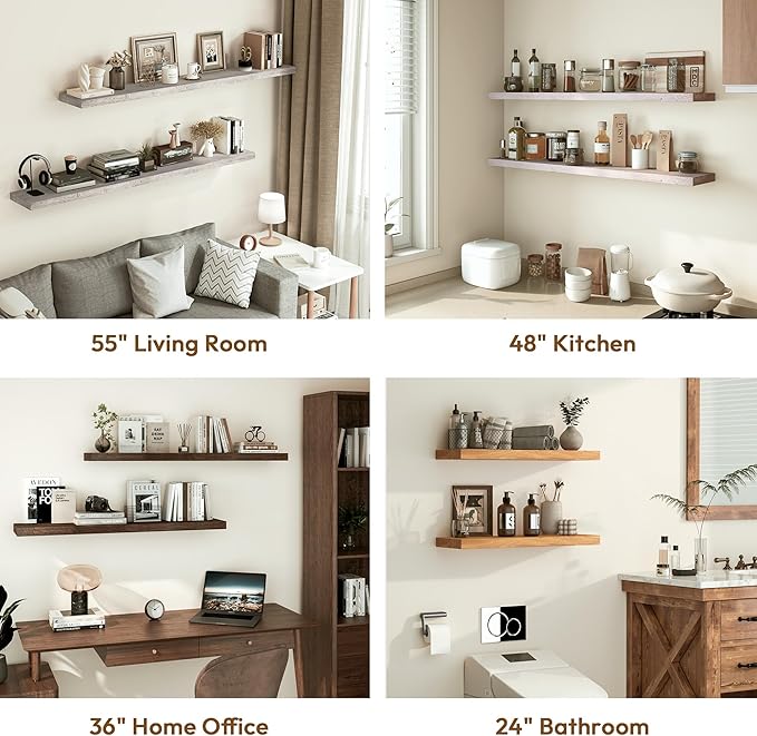Vivelove Elm Wood Floating Shelves, Wooden Shelves for Wall with Invisible Bracket for Living Room Bedroom Bathroom Office Book, Rustic Farmhouse Decor Storage & Display, 48 Inch Set of 1- Natural