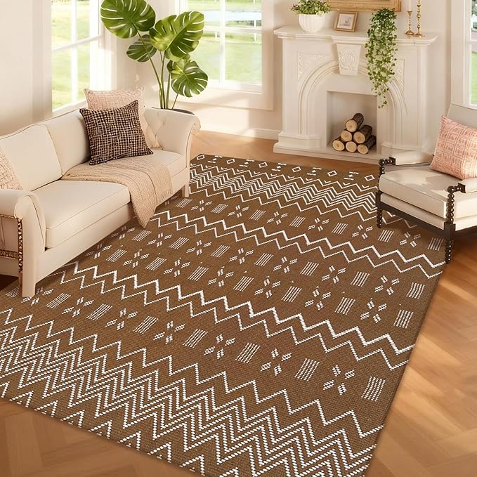 winolive Washable Area Rug 5x7 ft,Rubber Backed Non Slip Faux Jute Rug for Office,Living Room and Bedroom Braided Rug,Indoor Floor Carpets for Dining Room,Farmhouse,Brown/White