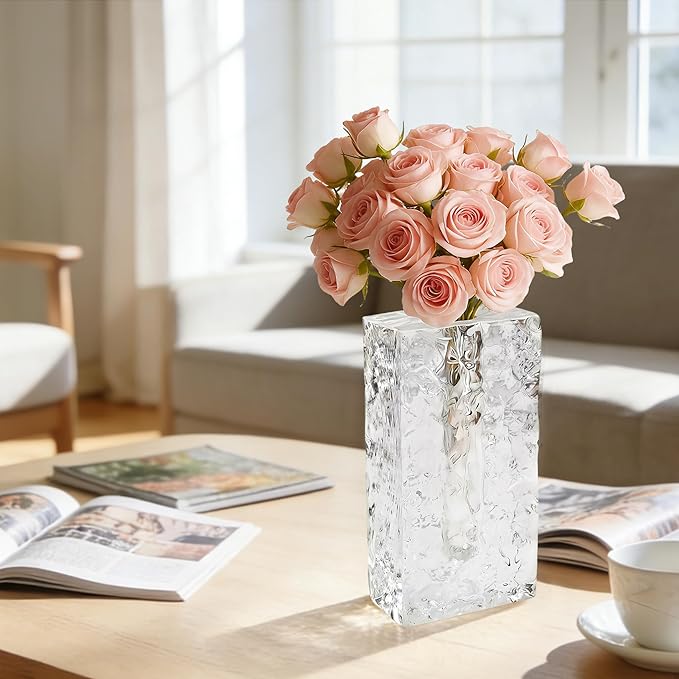 Crystal Flower Vase with Glacial Texture, Clear, Handcrafted Centerpiece for Wedding, Home Decor, Table Display