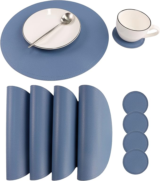 Jovono Faux Leather Round Placemats and Coasters, Coffee Mats Kitchen Table Mats, Set of 4 Waterproof Place Mat, Easy to Clean for Kitchen Dining Round Table