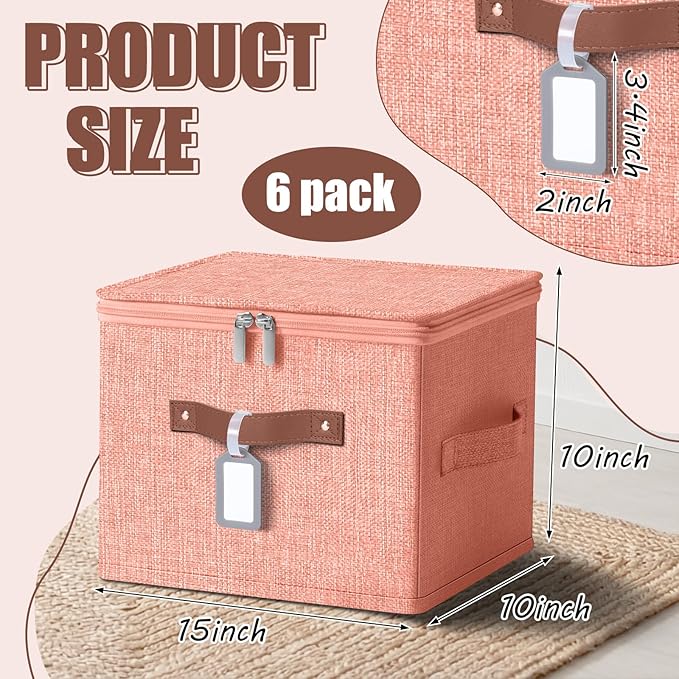 6 Pack Fabric Storage Bins with Lids and Label, 10×8×7In Foldable Cotton Linen Cute Storage Box with PU Leather Handles for Closet, Bedroom, Nursery, Pink, Purple, Blue, Green, Yellow, Orange