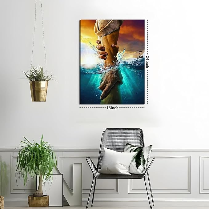 Framed Jesus Christian Canvas Wall Art, The Hand of God Jesus Reaching Into Water Religious Wall Decor Paintings, Blue Ocean Bible Pictures Posters Prints for Church Living Room Bedroom 16x24 Inch