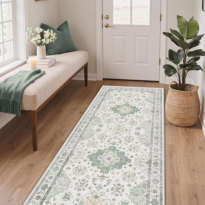 GENIMO 2'6''X6 Area Rugs for Living Room,Machine Washable Non-Slip Vintage Rug, Low Pile Lightweight Carpet for Bedroom, Dining Room, Home Office, Stain & Fade Resistant,Green