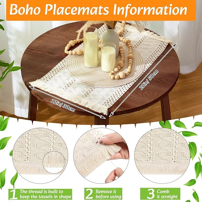 4 Sets Boho Place Mats Set Round Woven Placemats, Cloth Napkins, Wood Bead Napkin Rings, White Table Runner with Tassel and Farmhouse Rustic Placemats Cotton Burlap for Kitchen Table Decor