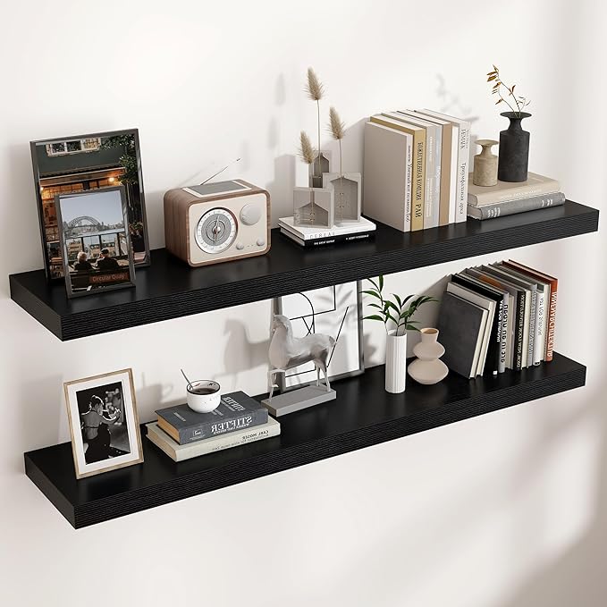 Floating Shelves for Wall, Engineered Wood Wall Shelves with Invisible Brackets for Living Room Bedroom Bathroom Office Kitchen Decor and Storage (Black, 48" W x 9" D x 1.5" H) Set of 2