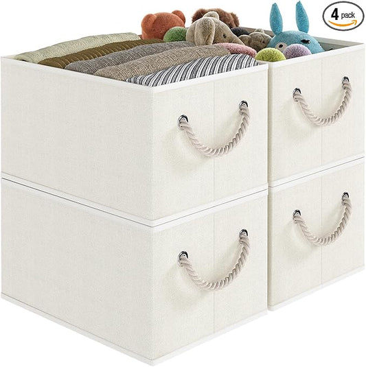 Closet Storage Bins, Linen Closet Organizers and Storage Basket for Shelves, Collapsible Shelf Baskets for Organizing Shelves, Bedroom Clothes Basket, Beige, 4 Pack