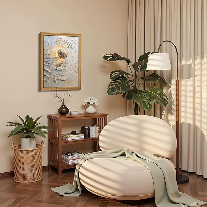Framed 3D Textured Christian Jesus Canvas Wall Art, Jesus With Golden Halo Wall Decor Paintings, Religious Bible Posters Prints Pictures Artwork for Church Living Room Bedroom Home Decor 12x16 Inch