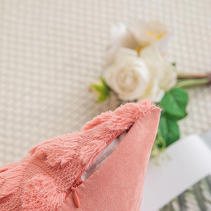 AQOTHES Set of 2 Heart Love Cute Coral Red Decorative Valentines Throw Pillow Covers 20x20, Soft Plush Faux Fur Pillow Covers for Couch Sofa Home Valentines Day Decoration