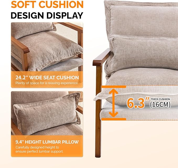VINGLI Mid-Century Modern Cloud Accent Armchair with Lumbar Pillow, 6.3'' Thick Seat Cushion Comfortable Reading Chair with Wooden Armrests，Boho Lounge Chair for Bedroom, Living Room, Chenille, Khaki
