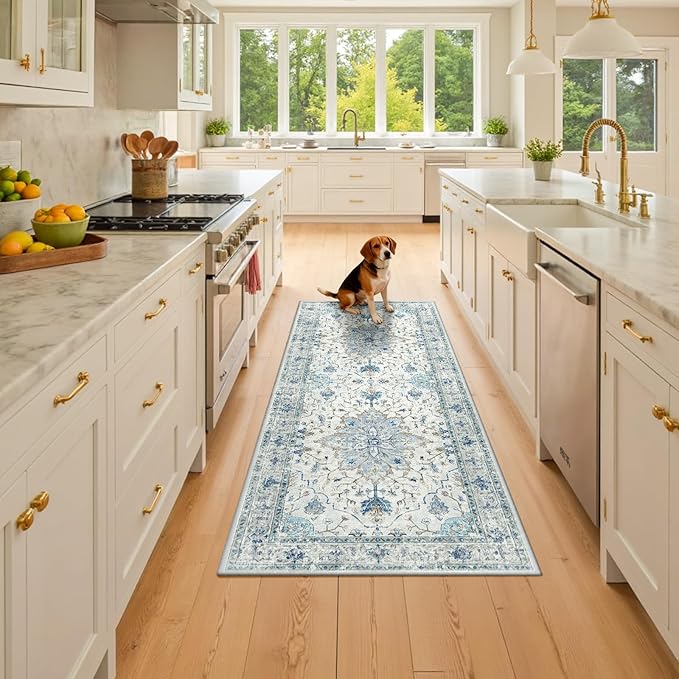 RELEANY Area Rugs 2'x6' Washable Non-Slip, Floral Vintage Distress Print Pattern Medallion Carpet for Living Room Bedroom Dining Room, Light Blue Navy Beige Gray White