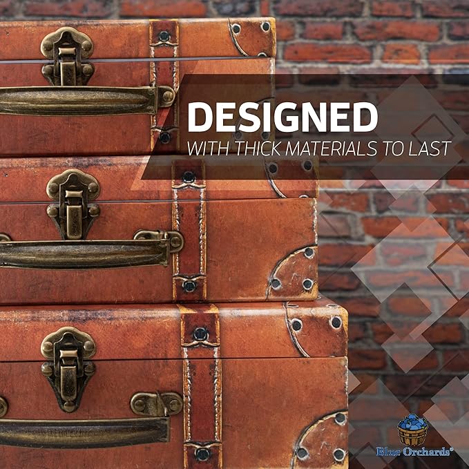 Blue Orchards Decorative Travel-Themed Paperboard Boxes (Set of 3) – Small Suitcase-Style Storage for Keepsakes, Mementos, Miniature Prop-Style Luggage | Largest Suitcase is 12'' L x 8'' W x 3.5'' H
