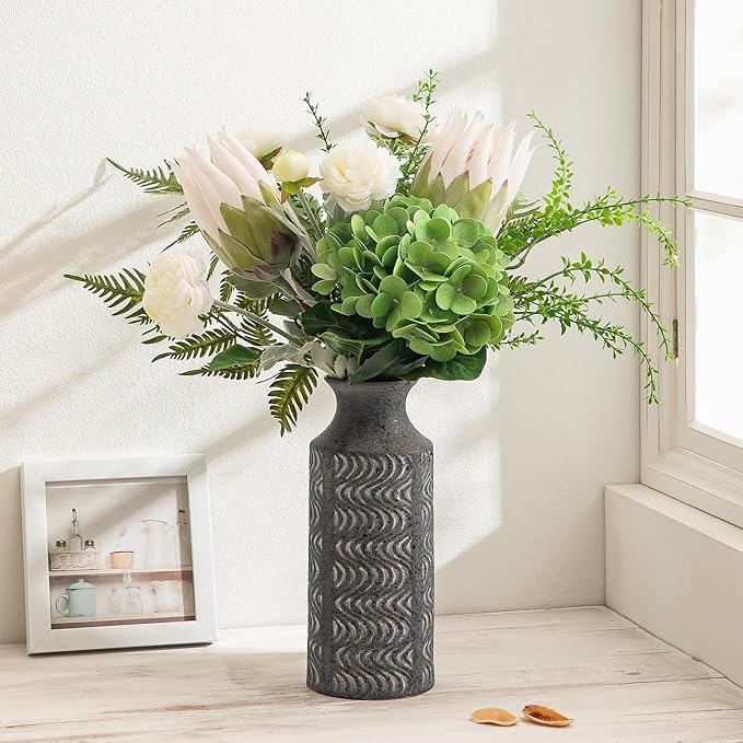 Black Vintage Vase - 11 in Ceramic Decorative Vase - Tall Flower Vase for Home Decor - Table Pedestal Cylinder Bud Vases for Centerpieces - Decoration Farmhouse Vase by Lyeec