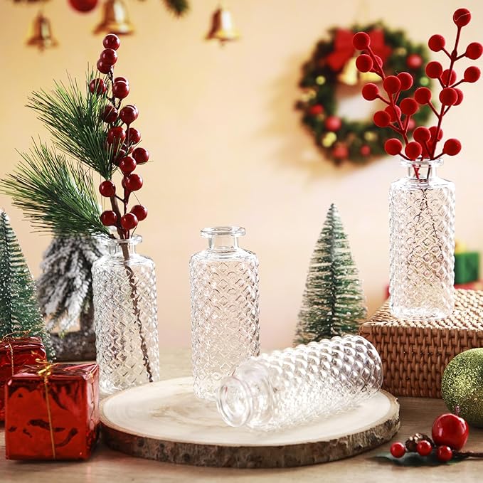 Honeydak Set of 24 Plastic Mini Bud Vases, Vintage Clear Decorative Vases Bulk for Table Centerpieces, Wedding Reception, Baby Shower, Home Decor, Housewarming Gift(Micro-Diamond)