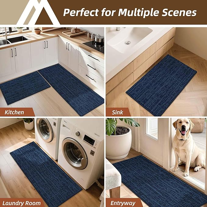 COSY HOMEER Kitchen Rugs 20"x32"+20"x48",Absorbent Soft Kitchen Mats for Floor,Non Slip Kitchen Runner Rug,Washable Kitchen Floor Mats for Sink Mat,Hallway,Laundry,Navy Blue