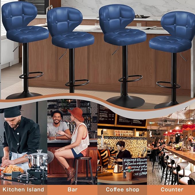 Bar Stools Set of 2, Adjustable Swivel Bar Chairs with 360° Rotation, Padded Counter Stools with Back and Footrest for Kitchen Island, Bistro, Cafe, and Home Use Blue