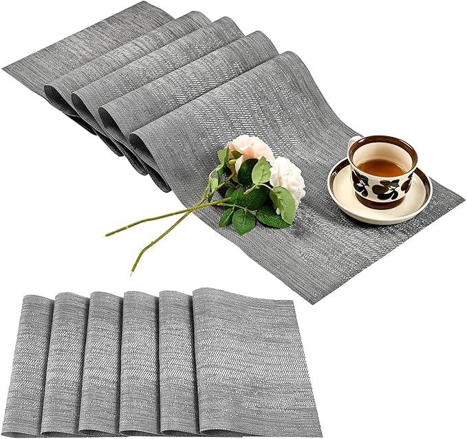 Leetaltree Grey Table Runner and Placemats Set of 7, Heat Resistant Non-Slip Place mats for Dining Table, Washable Durable PVC Vinyl Woven Table Mats Set