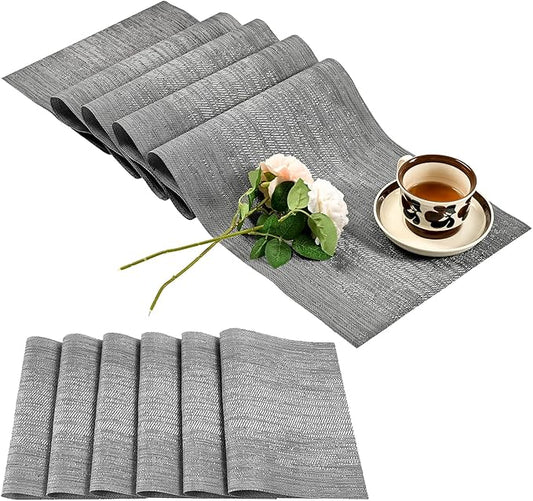 Leetaltree Grey Table Runner and Placemats Set of 7, Heat Resistant Non-Slip Place mats for Dining Table, Washable Durable PVC Vinyl Woven Table Mats Set