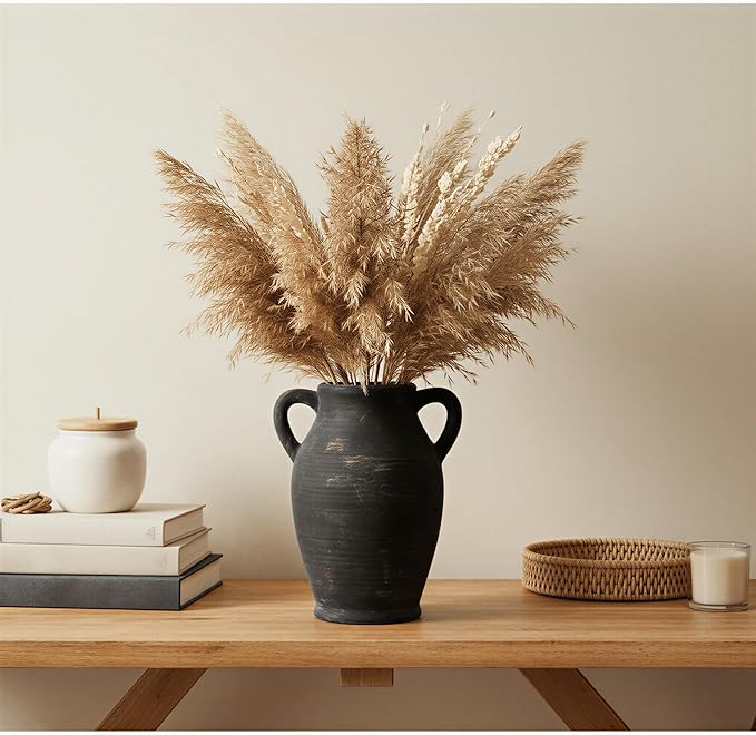 8.1-Inch Ceramic Flower Vase with Handles – Small Black Rustic Farmhouse & Boho Pottery Vase for Table, Shelf, Living Room Decor